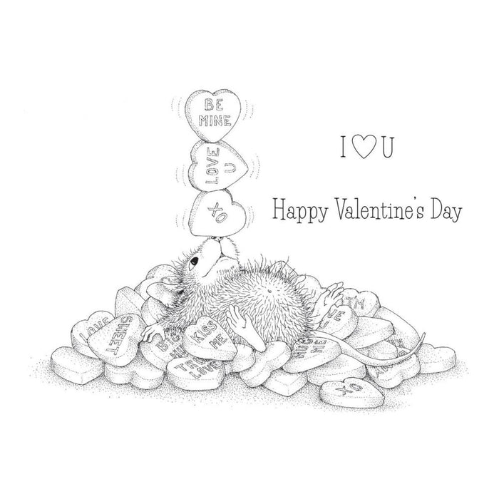 Spellbinders - House Mouse - Cling Rubber Stamp - Candy Hearts. This set is part of the House-Mouse Designs Everyday Collection with a set of three stamps. Playful Mudpie lies on a pile of candy hearts while juggling a few on her nose. Available at Embellish Away located in Bowmanville Ontario Canada. Example by brand ambassador.