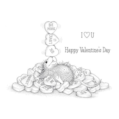 Spellbinders - House Mouse - Cling Rubber Stamp - Candy Hearts. This set is part of the House-Mouse Designs Everyday Collection with a set of three stamps. Playful Mudpie lies on a pile of candy hearts while juggling a few on her nose. Available at Embellish Away located in Bowmanville Ontario Canada. Example by brand ambassador.