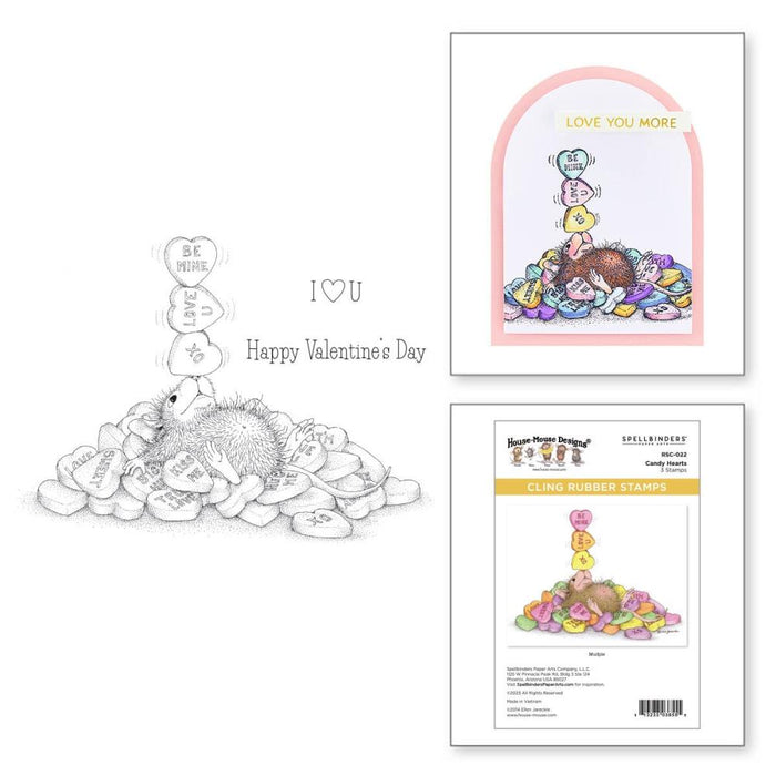 Spellbinders - House Mouse - Cling Rubber Stamp - Candy Hearts. This set is part of the House-Mouse Designs Everyday Collection with a set of three stamps. Playful Mudpie lies on a pile of candy hearts while juggling a few on her nose. Available at Embellish Away located in Bowmanville Ontario Canada. Example by brand ambassador.