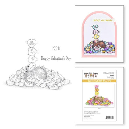 Spellbinders - House Mouse - Cling Rubber Stamp - Candy Hearts. This set is part of the House-Mouse Designs Everyday Collection with a set of three stamps. Playful Mudpie lies on a pile of candy hearts while juggling a few on her nose. Available at Embellish Away located in Bowmanville Ontario Canada. Example by brand ambassador.