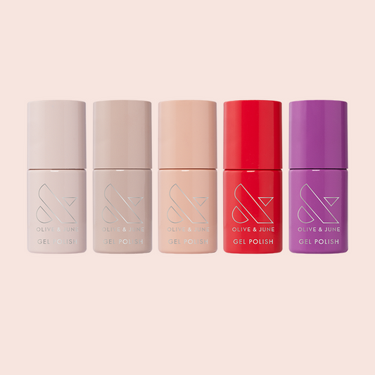 Spring/Summer Gel Polish Set featuring five gel polish bottles in neutral and vibrant shades for long-lasting mani use