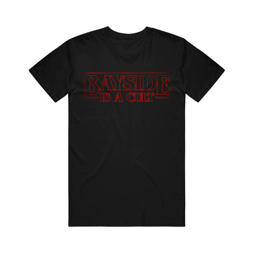 The Bayside black t-shirt features red, retro-style "BAYSIDE IS A CULT" text across the chest and is crafted from soft ring-spun cotton in a modern classic fit.