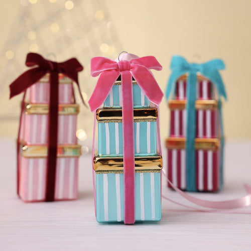 Stacked Presents Glass Ornament - 3 Assorted Colors