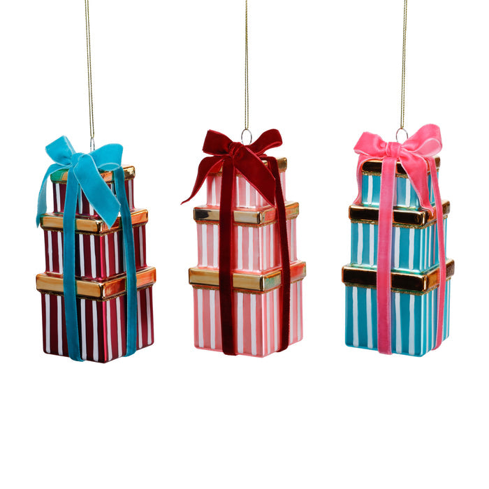 Stacked Presents Glass Ornament - 3 Assorted Colors