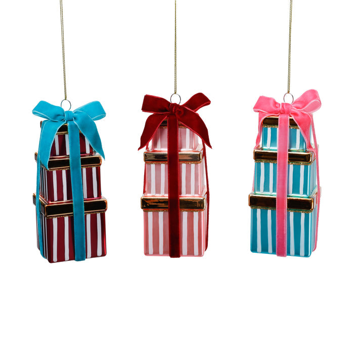 Stacked Presents Glass Ornament - 3 Assorted Colors