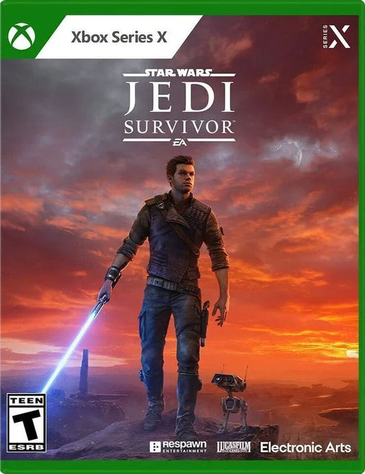 Star Wars Jedi Survivor Xbox Series X game case with hero holding lightsaber at sunset