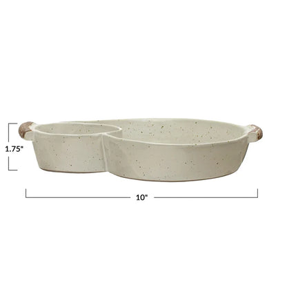 Stoneware Dish w/ 2 Sections & Handles, Reactive Glaze, Cream Color