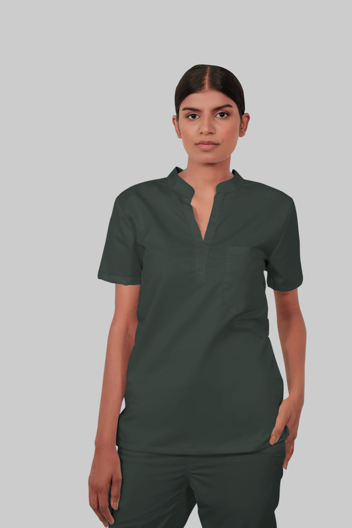 Stretchable (2Way) Women Bottle Green Mandarin Neck Scrub Top