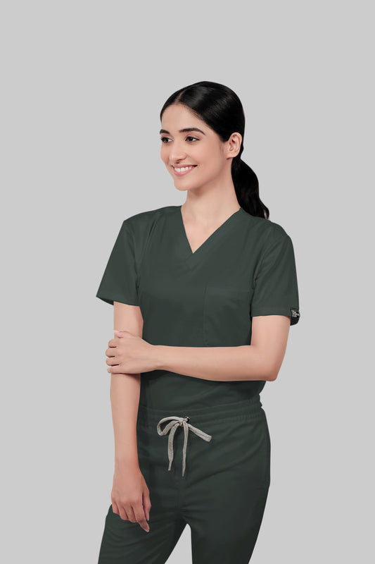 Stretchable (2Way) Women Bottle Green V-Neck Scrub Top