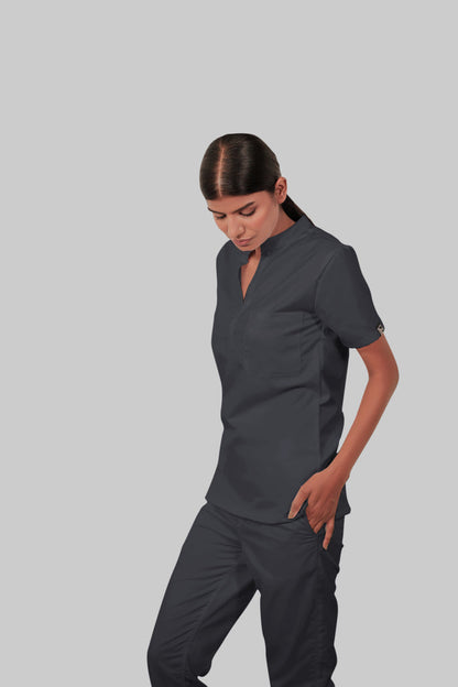 Stretchable (2Way) Women Dark Gray Mandarin Neck Scrub Top