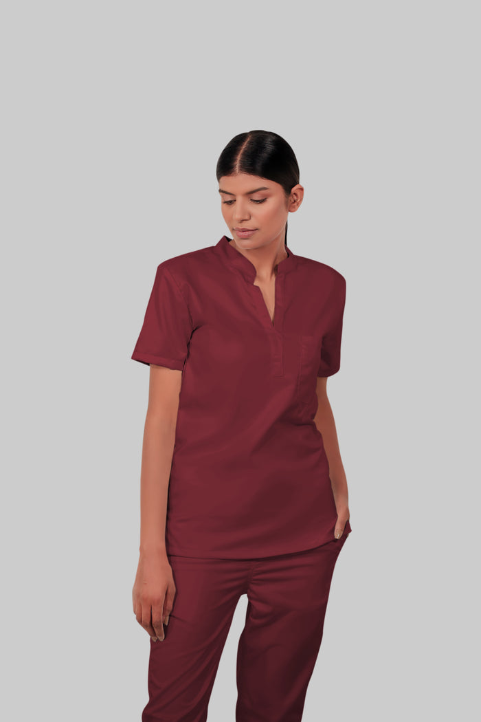Stretchable (2Way) Women Maroon Mandarin Neck Scrub Top