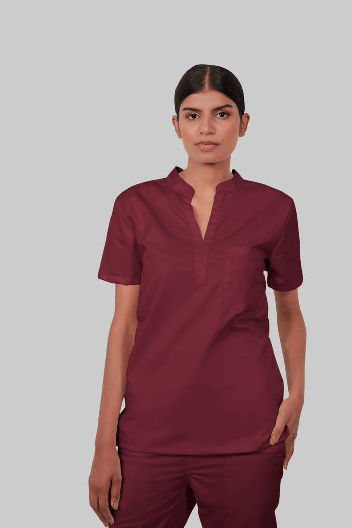 Stretchable (2Way) Women Maroon Mandarin Neck Scrub Top