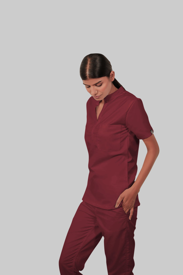Stretchable (2Way) Women Maroon Mandarin Neck Scrub Top