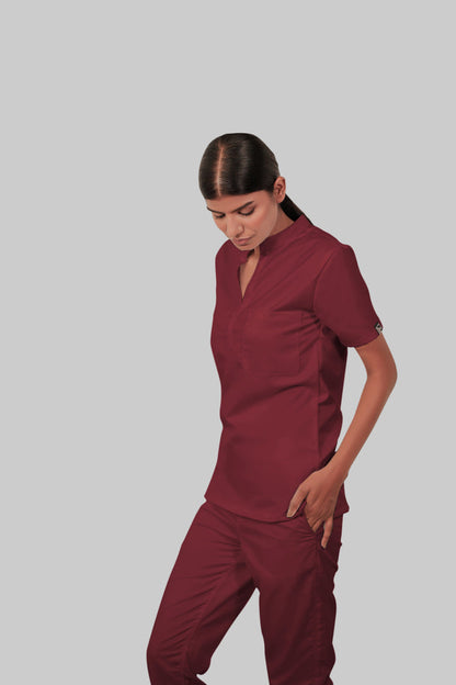 Stretchable (2Way) Women Maroon Mandarin Neck Scrub Top