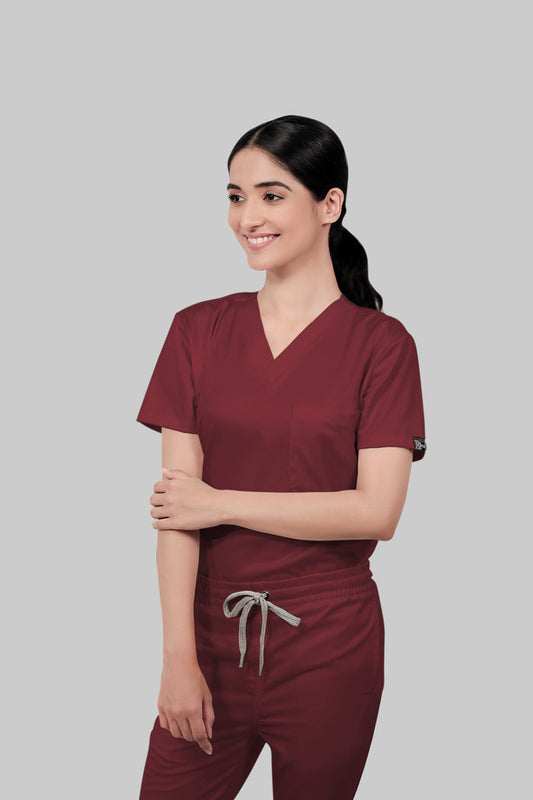 Stretchable (2Way) Women Maroon V-Neck Scrub Top