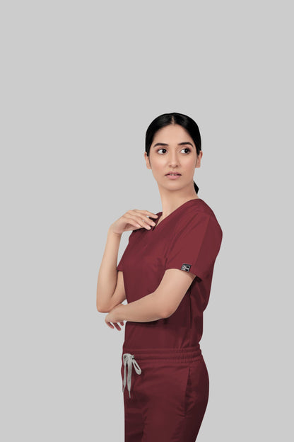 Stretchable (2Way) Women Maroon V-Neck Scrub Top