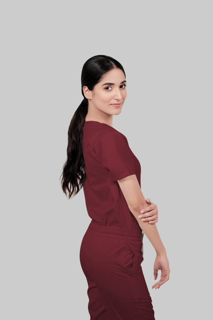 Stretchable (2Way) Women Maroon V-Neck Scrub Top