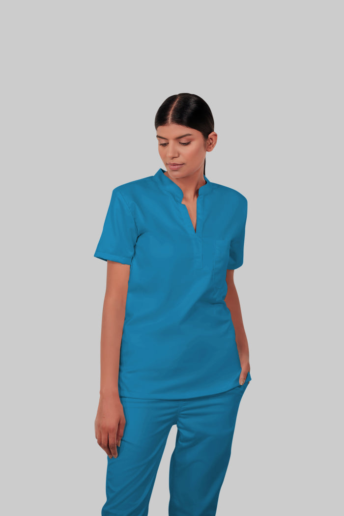 Stretchable (2Way) Women Peacock Blue Mandarin Neck Scrub Top