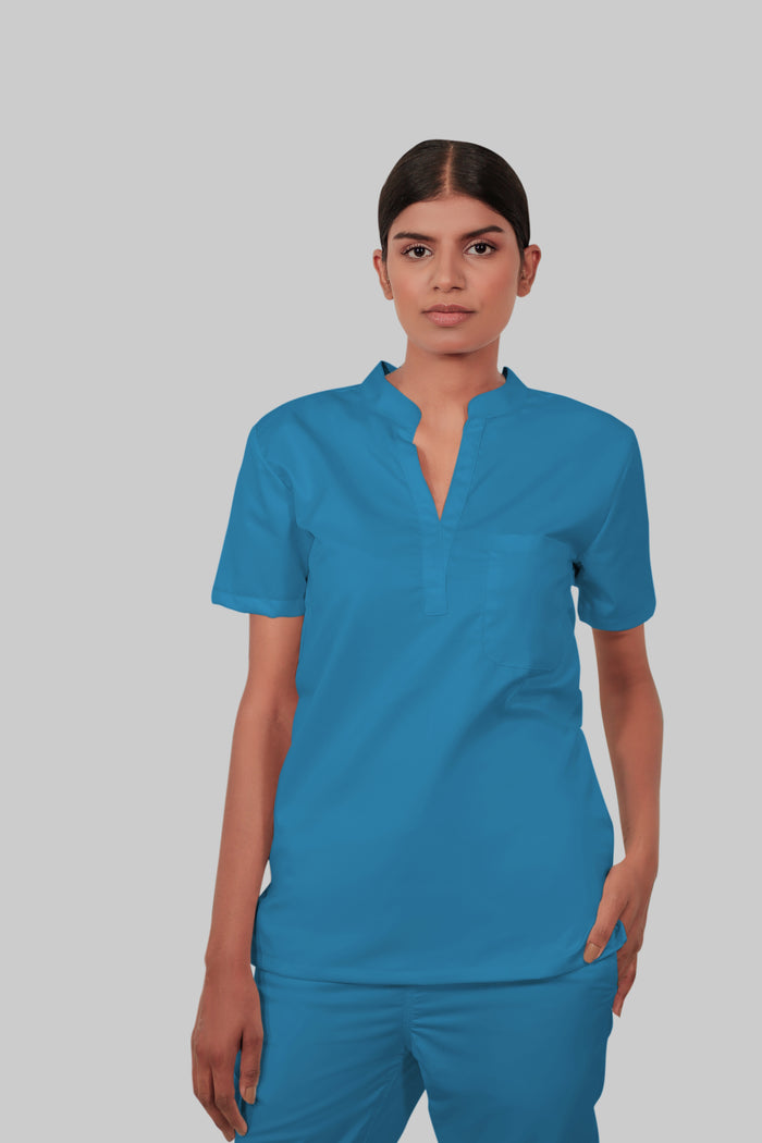 Stretchable (2Way) Women Peacock Blue Mandarin Neck Scrub Top