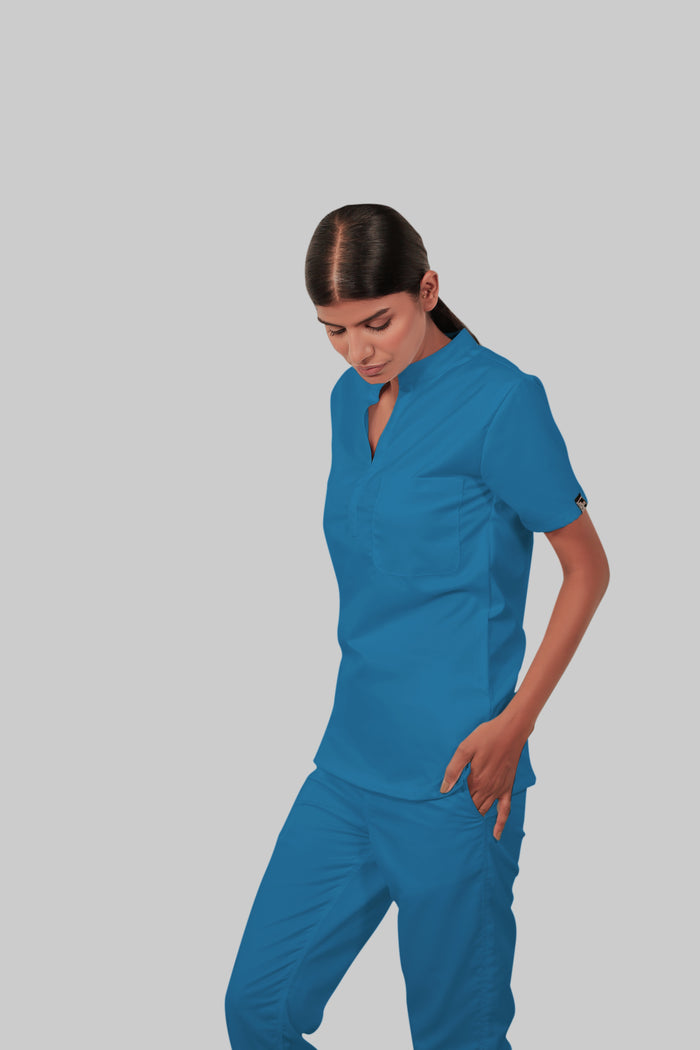 Stretchable (2Way) Women Peacock Blue Mandarin Neck Scrub Top