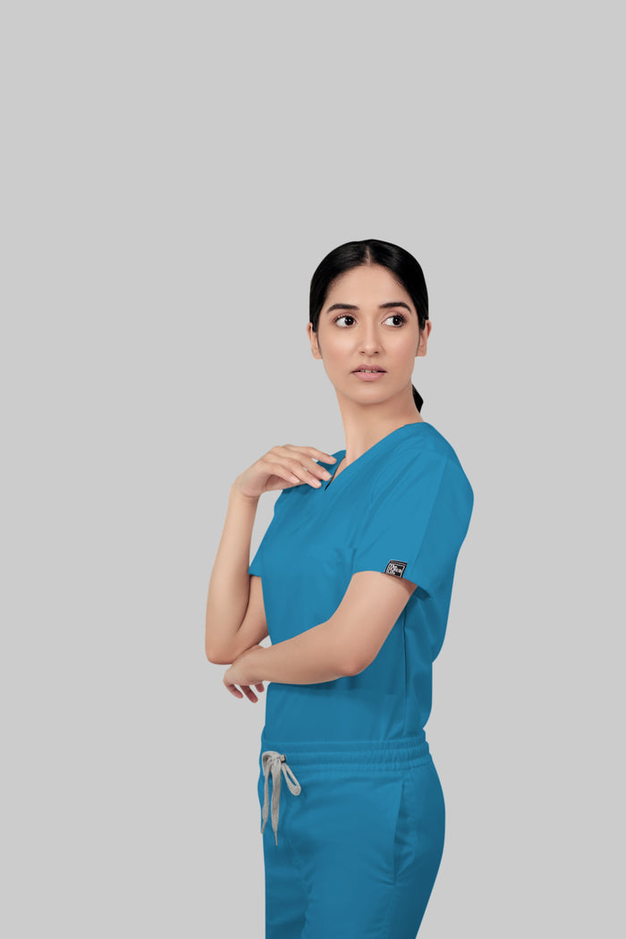 Stretchable (2Way) Women Peacock Blue V-Neck Scrub Top
