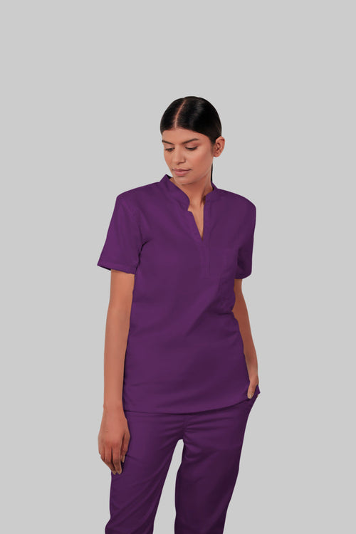 Stretchable (2Way) Women Purple Mandarin Neck Scrub Top