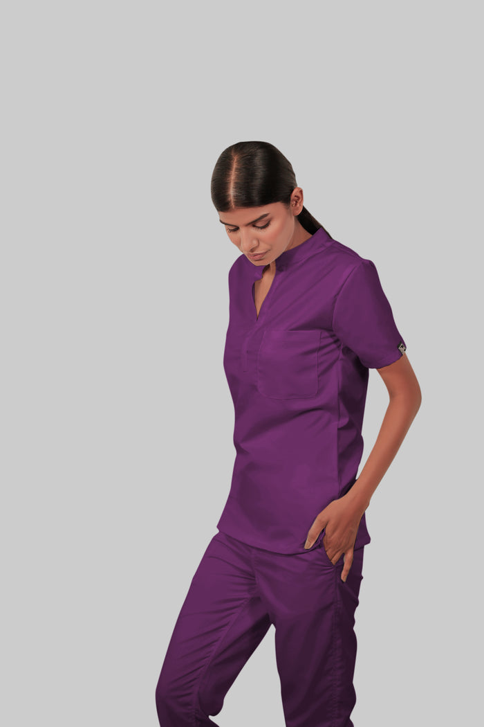 Stretchable (2Way) Women Purple Mandarin Neck Scrub Top