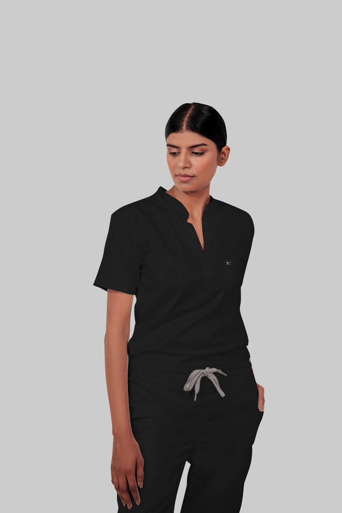Stretchable (4Way) Women Black Mandarin Neck Scrub Top