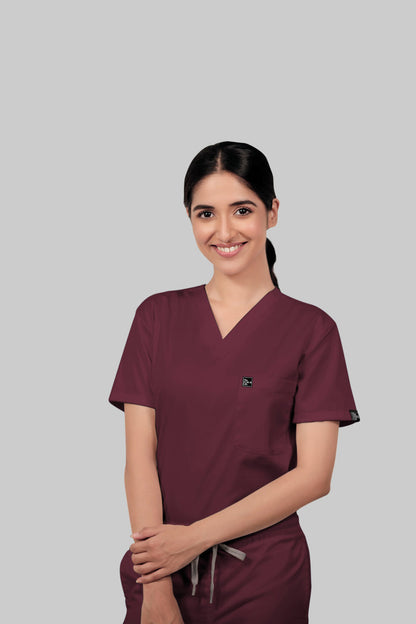 Stretchable (4Way) Women Burgundy V-Neck Scrub Top