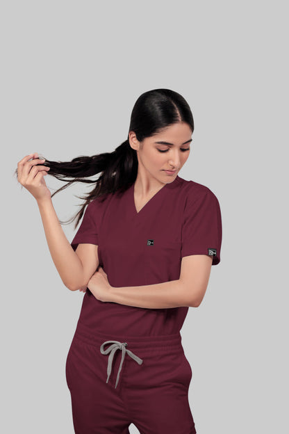 Stretchable (4Way) Women Burgundy V-Neck Scrub Top