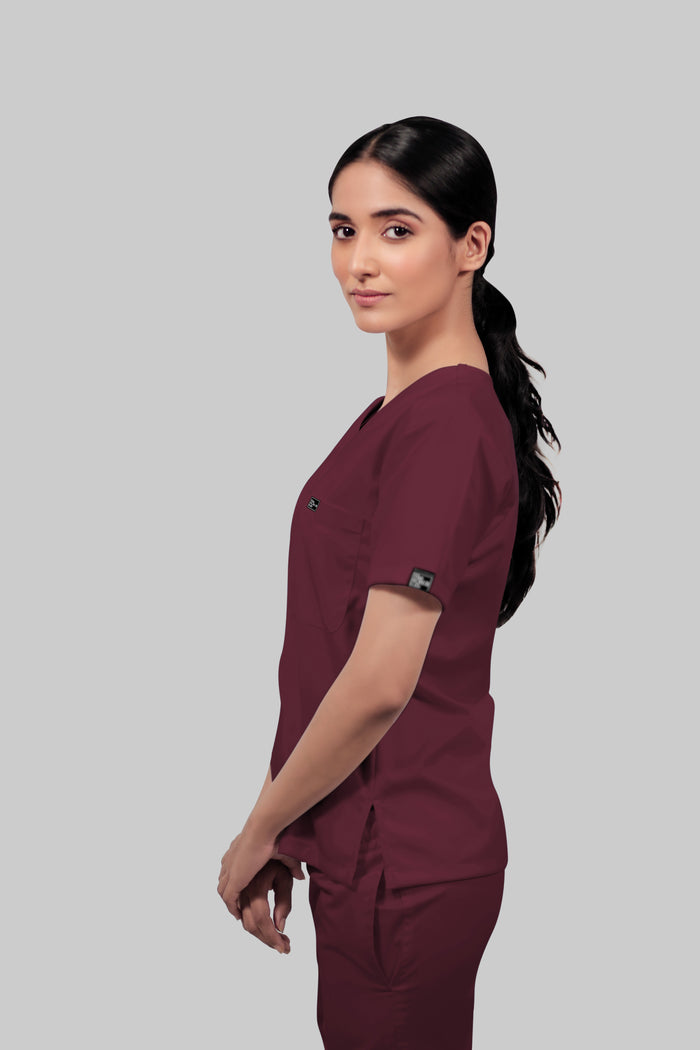 Stretchable (4Way) Women Burgundy V-Neck Scrub Top