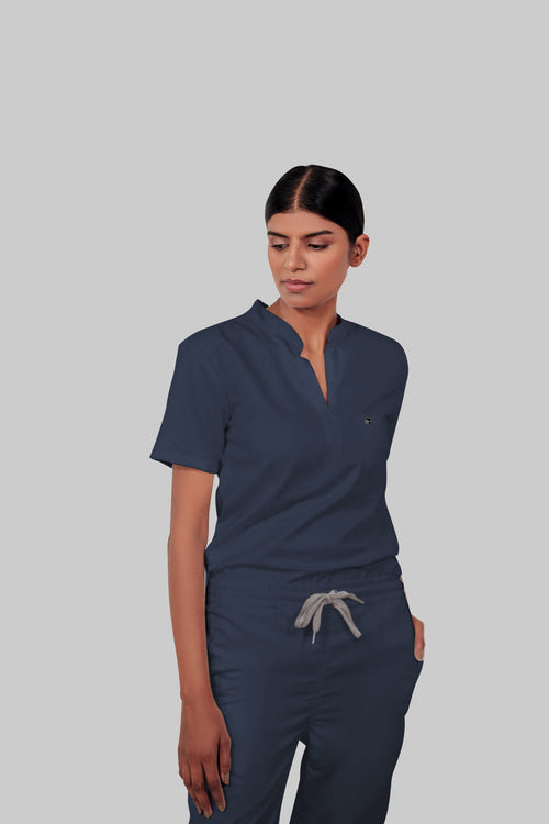 Stretchable (4Way) Women Navy Blue Mandarin Neck Scrub Top
