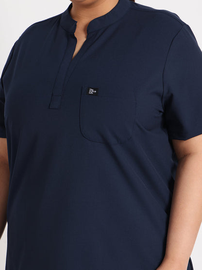 Stretchable (4Way) Women Navy Blue Mandarin Neck Scrub Top