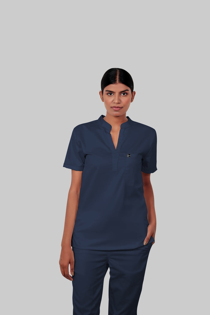 Stretchable (4Way) Women Navy Blue Mandarin Neck Scrub Top