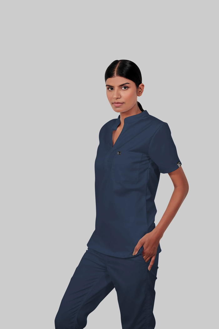 Stretchable (4Way) Women Navy Blue Mandarin Neck Scrub Top