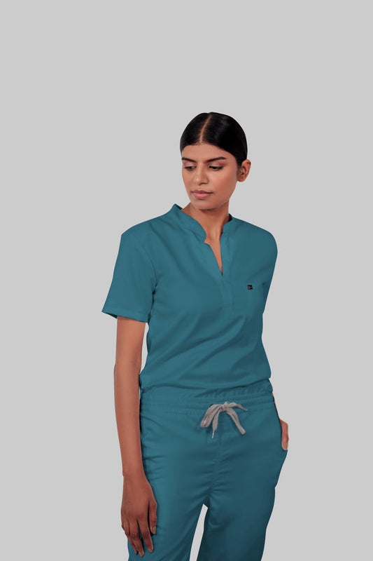 Stretchable (4Way) Women Peacock Blue Mandarin Neck Scrub Top