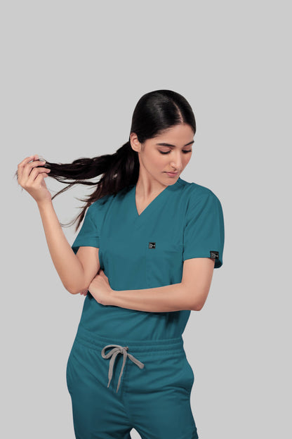Stretchable (4Way) Women Peacock Blue V-Neck Scrub Top