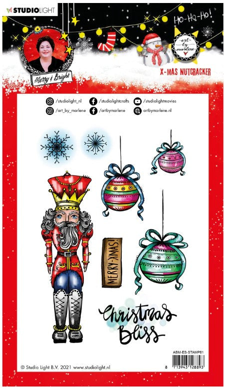 Studio Light - ABM Clear Stamp - Christmas Nutcracker - Essentials - 148x210x1mm - 1 PC - nr.81. This clear stamp set features a Nutcracker, ornaments, snowflakes and also the perfect Christmas and Winter sentiments. 8 stamps. Size: 5.8x8.3 in. Available at Embellish Away located in Bowmanville Ontario Canada.