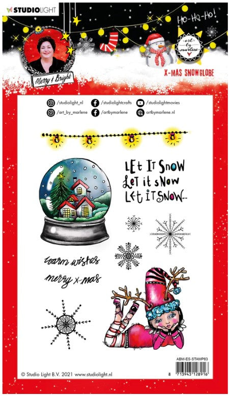 Studio Light - ABM Clear Stamp - Christmas Snow Globe - Essentials - 148x210x1mm - 1 PC - nr.83. This set features a snow globe, a elf, snowflakes and a string of lights and also the perfect Christmas and Winter sentiments. 9 stamps. Size: 5.8x8.3 in. Available at Embellish Away located in Bowmanville Ontario Canada.