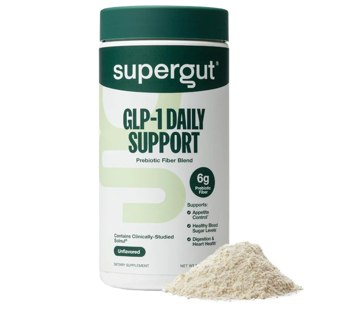 Supergut GLP-1 Daily Support prebiotic fiber blend container with powder, health supplement