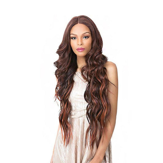 ITS A WIG synthetic 13x6 lace front wig long wavy chestnut brown with copper highlights and center part