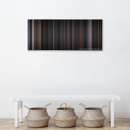 The Addams Family color palette canvas above a white bench with three woven baskets