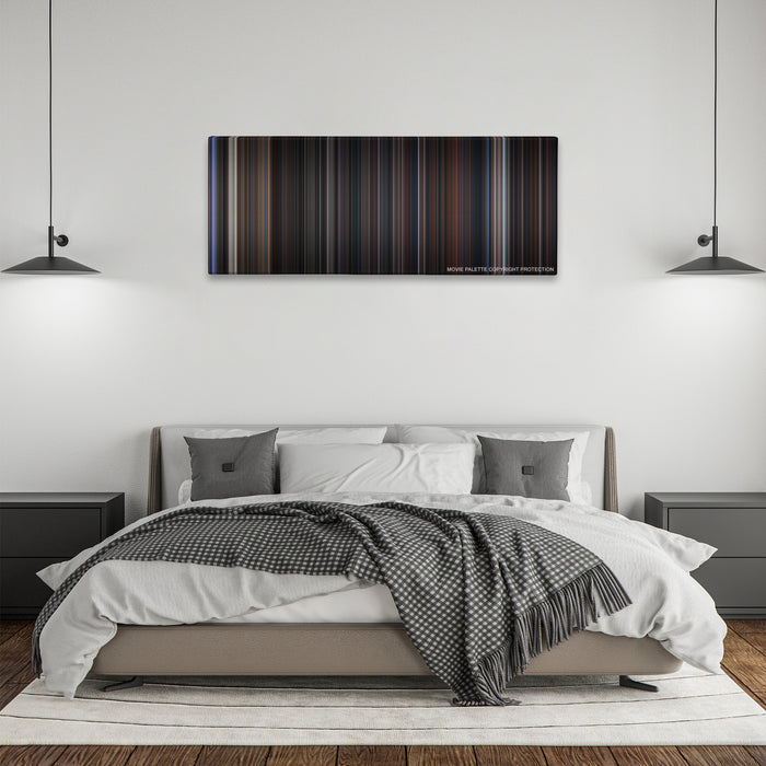 The Addams Family color palette canvas above a bed, between two black pendant lamps