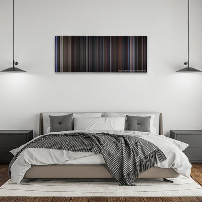 The Addams Family color palette canvas above a bed, between two black pendant lamps