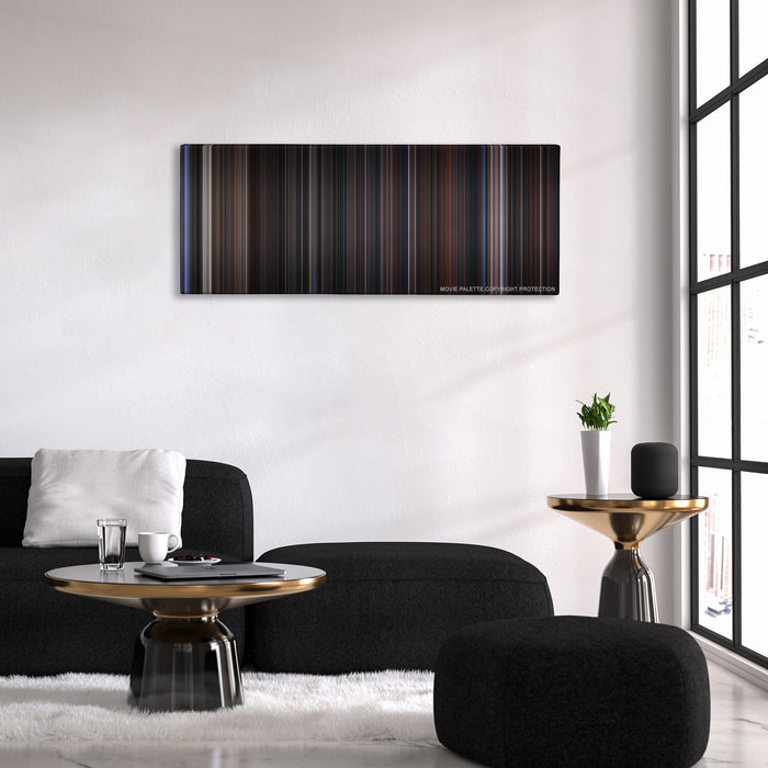 The Addams Family color palette canvas above a black sofa with a gold-topped table