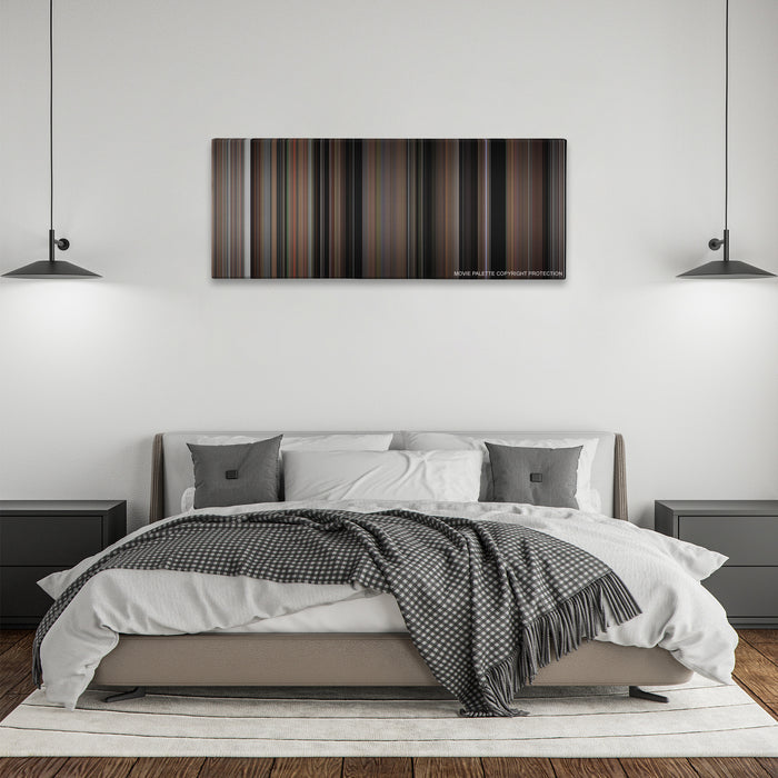 The Blair Witch Project color palette canvas above a bed, between two black pendant lamps