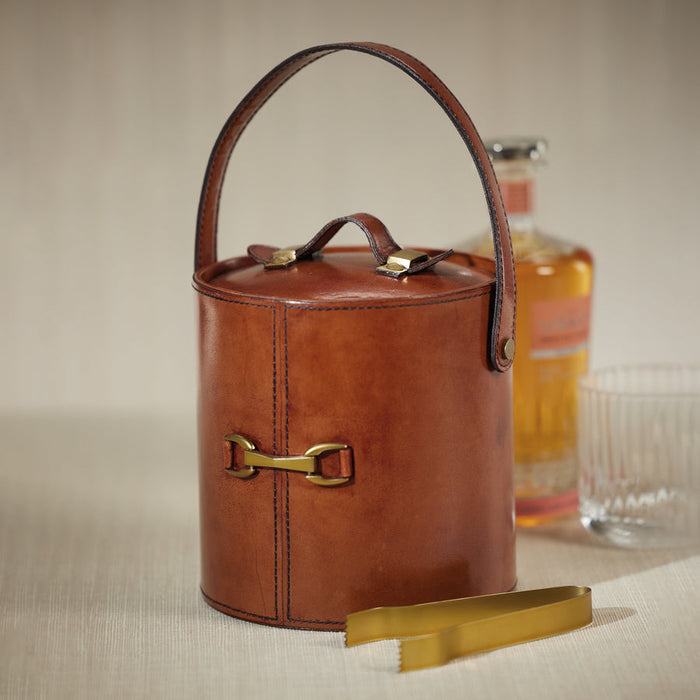 The Connaught Leather Ice Bucket w/ Gold Metal Ice Tong - Ice Bucket by Carlyle Avenue