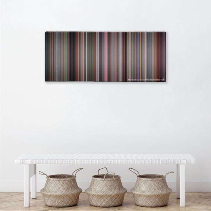 The Full Monty color palette canvas above a white bench with three woven baskets