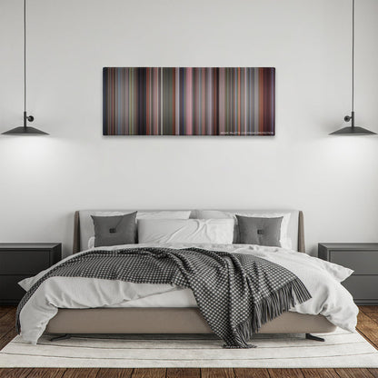 The Full Monty color palette canvas above a bed, between two black pendant lamps