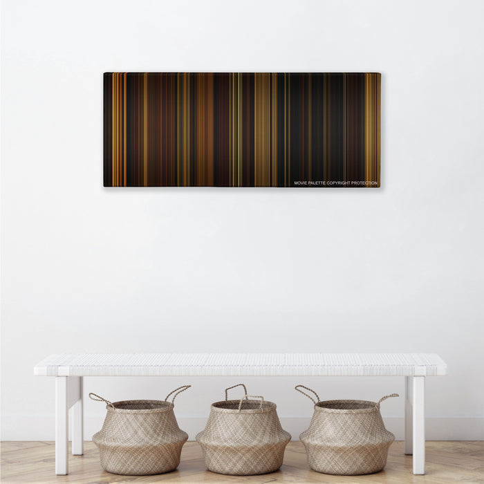 The Illusionist color palette canvas above a white bench with three woven baskets